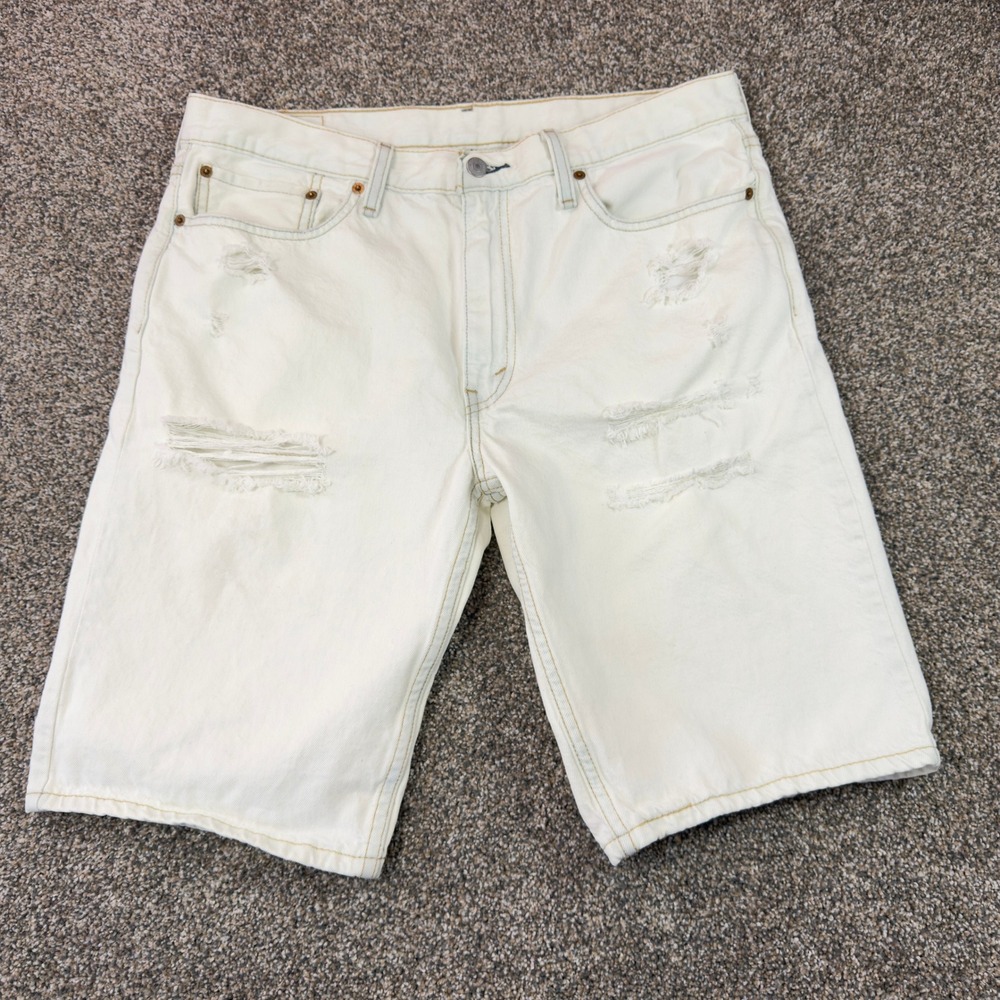 Levis 502 Regular Taper Distressed Denim Shorts Mens 36 White Blue Undertone Rip